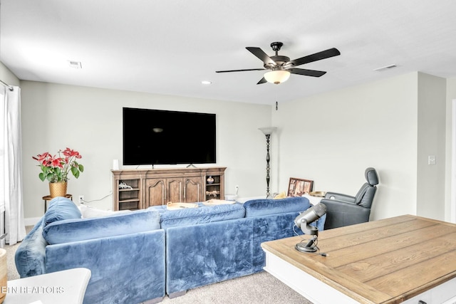 living area with carpet, visible vents, a ceiling fan, and recessed lighting