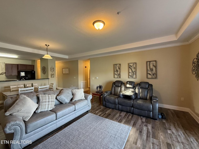 living area with a tray ceiling, dark wood-style flooring, and baseboards