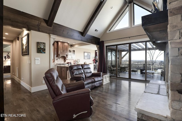 245 Harrison Bend Rd, Loudon, TN 37774 - living room featuring visible vents, beam ceiling, dark wood-type flooring, and high vaulted ceiling