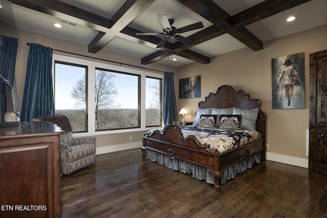 245 Harrison Bend Rd, Loudon, TN 37774 - bedroom featuring visible vents, baseboards, beamed ceiling, wood finished floors, and coffered ceiling