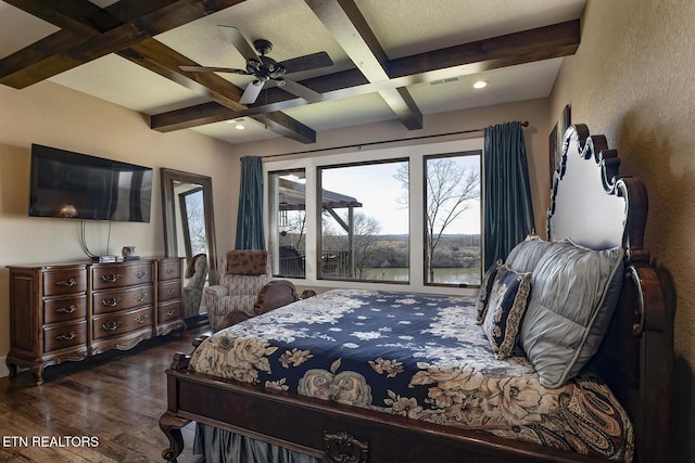 245 Harrison Bend Rd, Loudon, TN 37774 - bedroom with beamed ceiling, coffered ceiling, wood finished floors, ceiling fan, and a textured wall