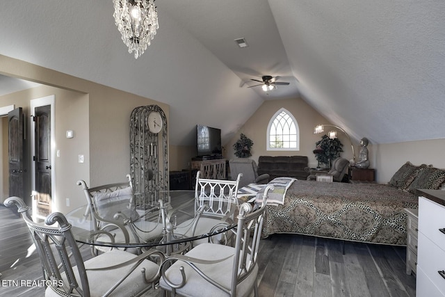 245 Harrison Bend Rd, Loudon, TN 37774 - bedroom featuring visible vents, a textured ceiling, dark wood-type flooring, and vaulted ceiling