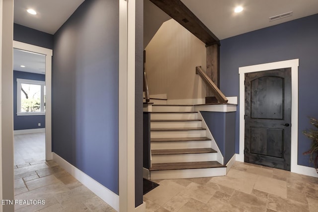 245 Harrison Bend Rd, Loudon, TN 37774 - staircase with stone tile flooring, visible vents, recessed lighting, and baseboards