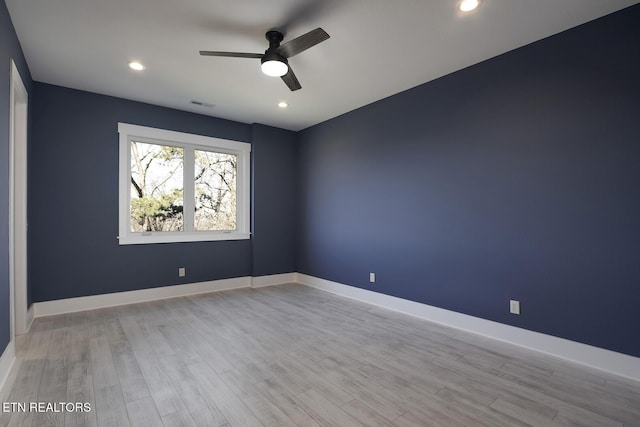245 Harrison Bend Rd, Loudon, TN 37774 - spare room with visible vents, baseboards, ceiling fan, recessed lighting, and light wood-style flooring