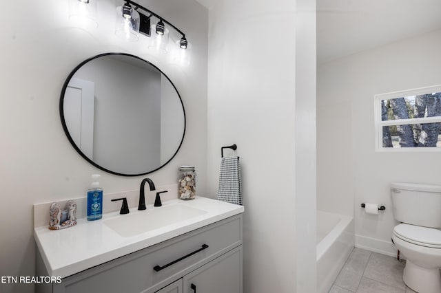 bathroom featuring walk in shower, toilet, a bathtub, tile patterned floors, and vanity