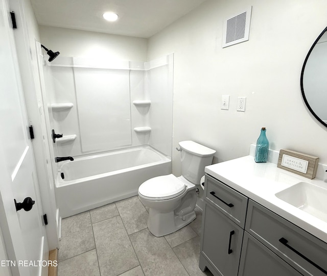 full bathroom featuring visible vents, toilet, shower / washtub combination, tile patterned flooring, and vanity