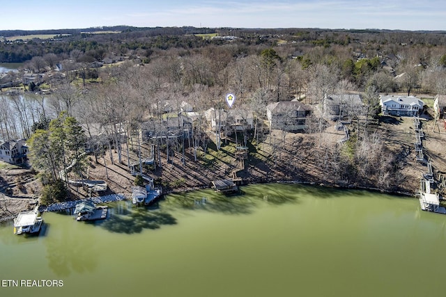 birds eye view of property with a water view and a view of trees