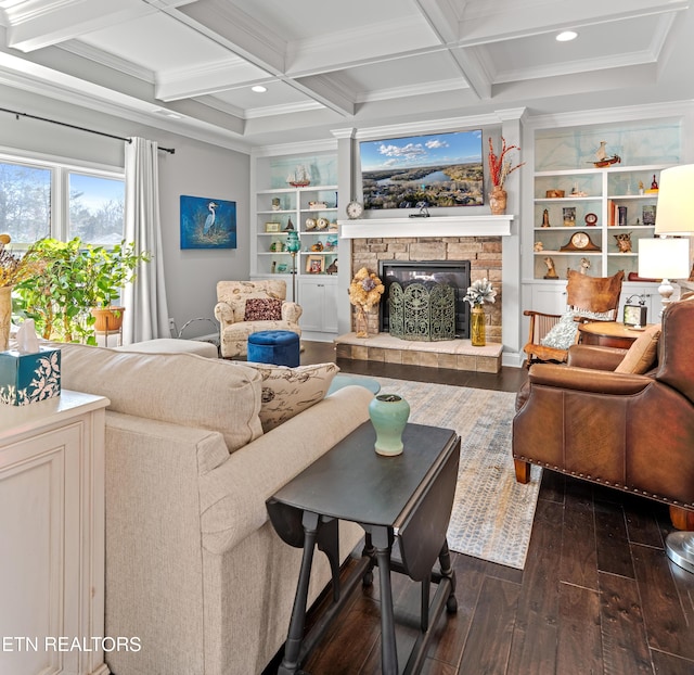 living area with coffered ceiling, dark wood-style flooring, beamed ceiling, crown molding, and built in shelves