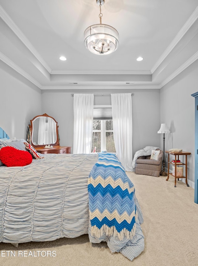 bedroom featuring recessed lighting, a raised ceiling, carpet flooring, and crown molding