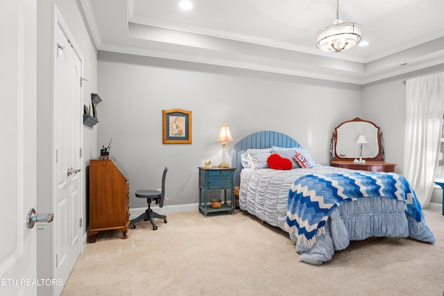 carpeted bedroom featuring baseboards, a raised ceiling, crown molding, and recessed lighting