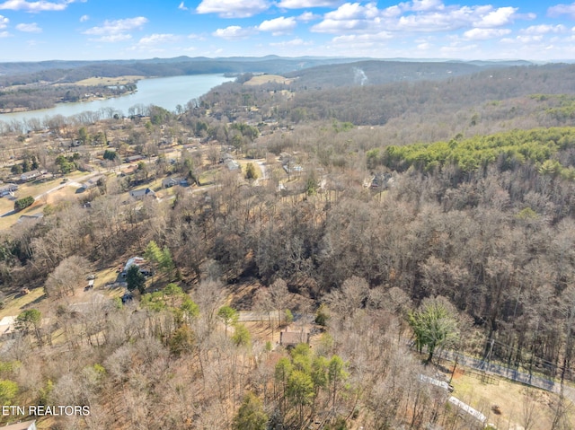 bird's eye view featuring a water view and a wooded view