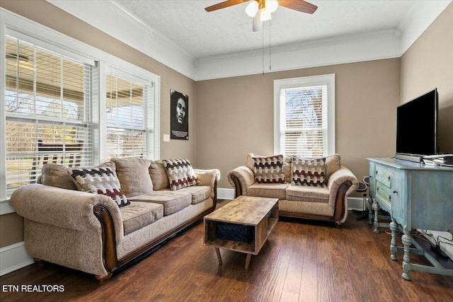 living room with dark wood-style floors, a textured ceiling, baseboards, and crown molding