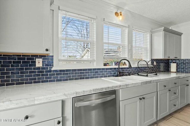 kitchen featuring backsplash, ornamental molding, a sink, a textured ceiling, and dishwasher