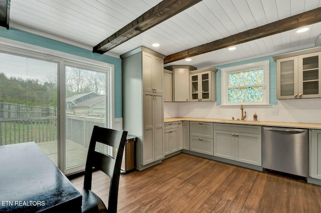 kitchen featuring a wealth of natural light, dark wood-style flooring, dishwasher, and a sink