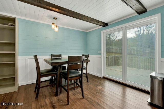 dining area featuring dark wood finished floors, beamed ceiling, a decorative wall, and wood ceiling