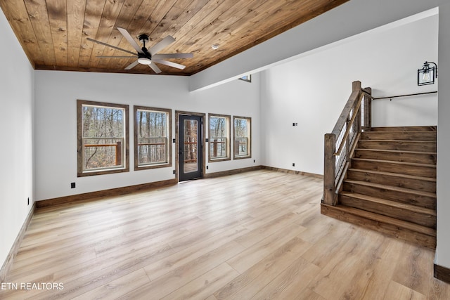 unfurnished living room with light wood-style floors, wood ceiling, stairway, and a wealth of natural light