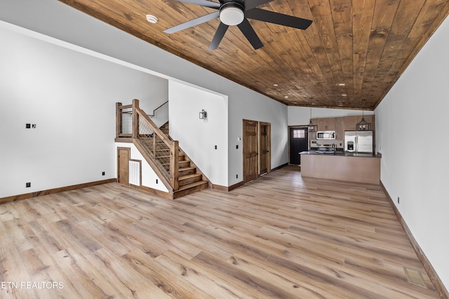 unfurnished living room with light wood-style floors, wood ceiling, stairway, and ceiling fan