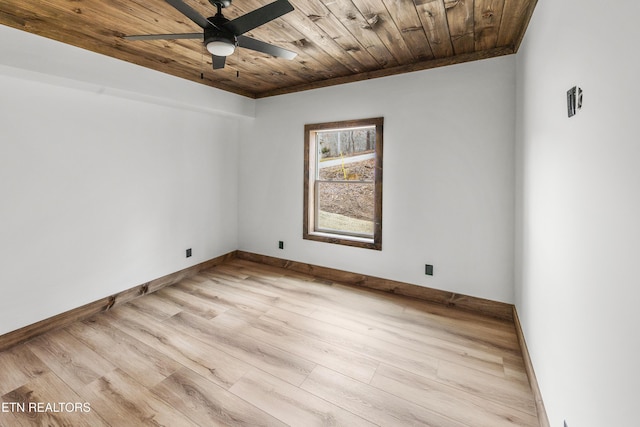 empty room with wood ceiling, baseboards, ceiling fan, and light wood finished floors