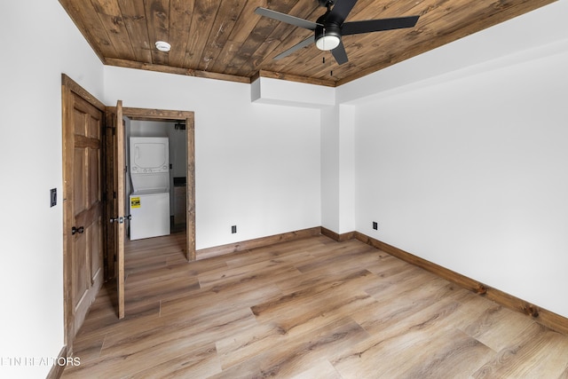 unfurnished room with wood ceiling, ceiling fan, and light wood finished floors