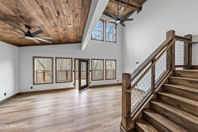 interior space with wooden ceiling, light wood-style flooring, baseboards, and stairs