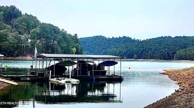 view of dock featuring a water view, boat lift, and a forest view