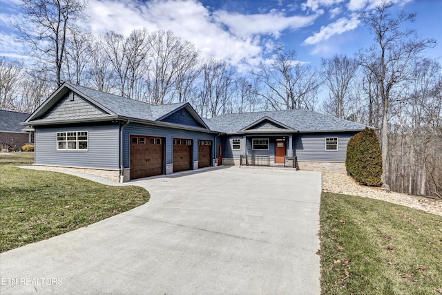 view of front of property with roof with shingles, a garage, stone siding, driveway, and a front lawn