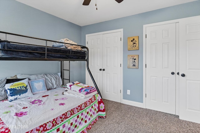 bedroom featuring a ceiling fan, a closet, carpet flooring, and baseboards