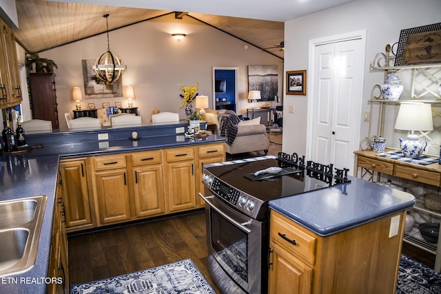 10 Dockside Dr, Crossville, TN 38558 - kitchen with dark countertops, electric stove, and vaulted ceiling
