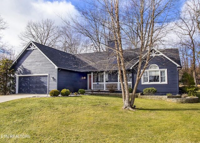 ranch-style home featuring driveway, a chimney, an attached garage, covered porch, and a front yard