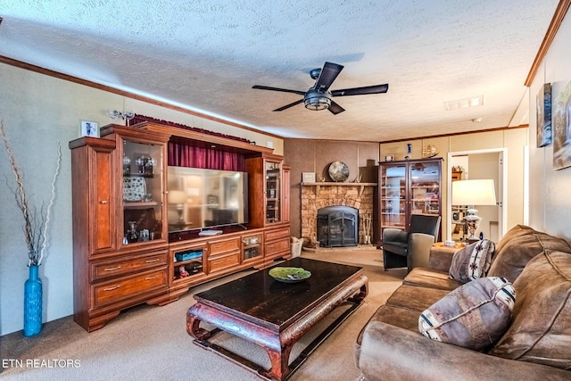 living room with light colored carpet, crown molding, a textured ceiling, and a fireplace