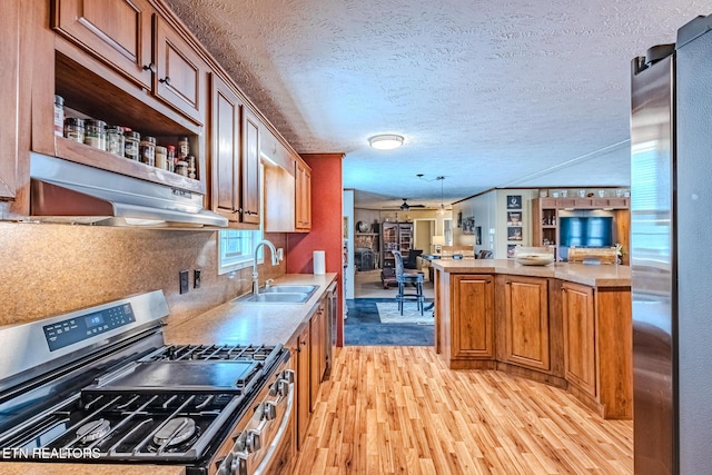 kitchen with under cabinet range hood, stainless steel appliances, a sink, light wood-style floors, and open floor plan