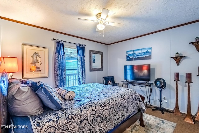 bedroom featuring carpet, a textured ceiling, a ceiling fan, and crown molding