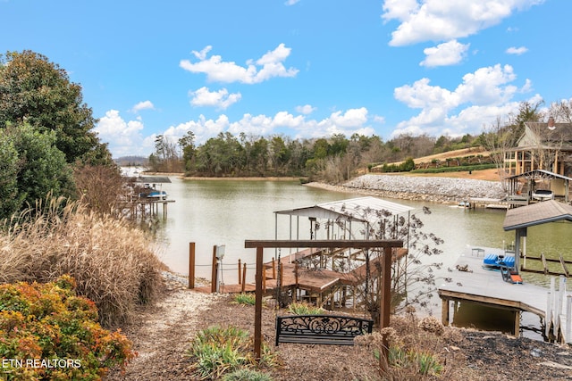 view of dock with a water view