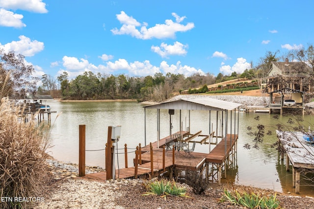 dock area featuring boat lift and a water view