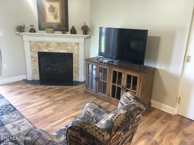 living room with a fireplace, wood finished floors, and baseboards