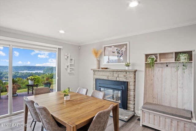 dining area featuring crown molding, a fireplace, a mountain view, and wood finished floors