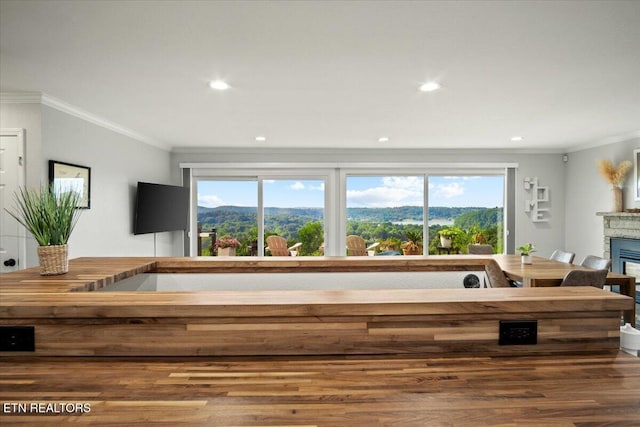 interior space featuring ornamental molding, a glass covered fireplace, a healthy amount of sunlight, and recessed lighting