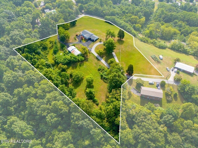 drone / aerial view featuring a forest view