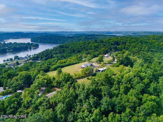 bird's eye view featuring a forest view and a water view