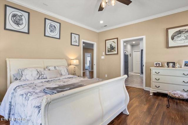 846 Quietlands Dr, Maryville, TN 37801 - bedroom with dark wood finished floors, crown molding, recessed lighting, baseboards, and ceiling fan