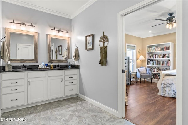 846 Quietlands Dr, Maryville, TN 37801 - bathroom with crown molding, double vanity, baseboards, and ceiling fan