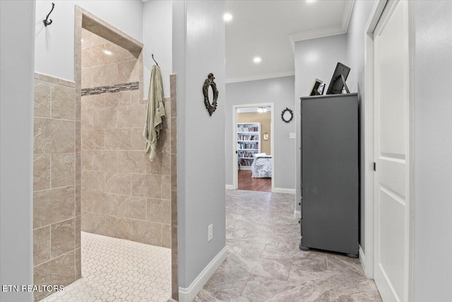 846 Quietlands Dr, Maryville, TN 37801 - bathroom featuring crown molding, walk in shower, and baseboards