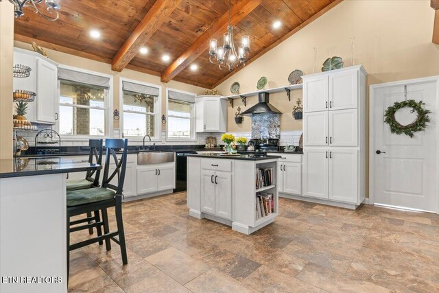 846 Quietlands Dr, Maryville, TN 37801 - kitchen featuring wooden ceiling, dark countertops, a chandelier, wall chimney range hood, and a sink