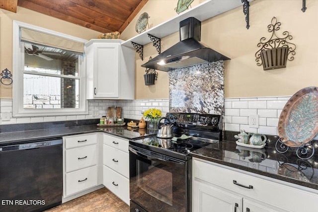 846 Quietlands Dr, Maryville, TN 37801 - kitchen featuring black range with electric cooktop, dishwashing machine, wall chimney range hood, wood ceiling, and backsplash