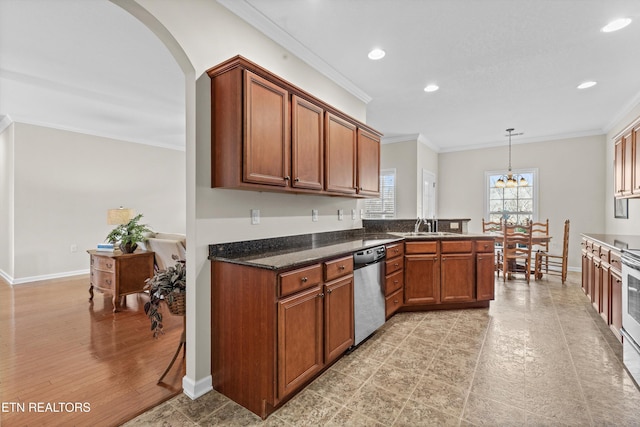 kitchen with dishwasher, brown cabinetry, a sink, and crown molding