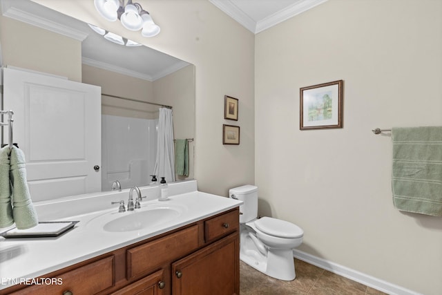 full bath with crown molding, toilet, tile patterned flooring, vanity, and a shower with curtain