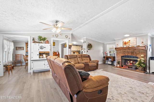 living area featuring crown molding, light wood-type flooring, and a fireplace