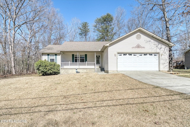 single story home featuring driveway, covered porch, a garage, and a front yard