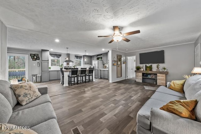 living room with a textured ceiling, ceiling fan, dark wood-style flooring, visible vents, and ornamental molding