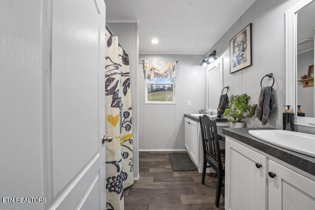 bathroom featuring two vanities, a sink, and wood finished floors